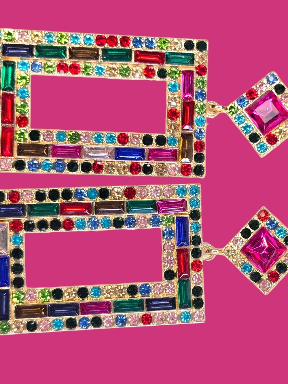 Colorful Rhinestone Rectangular Earrings - Picture 2 of 2